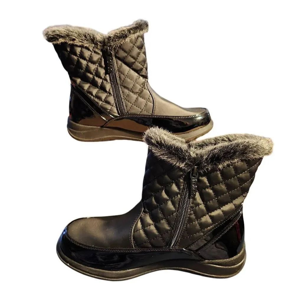 Totes Bella Boots WMS 7 MED Ankle Quilted Boots Black Faux Fur Leather Side Zip.